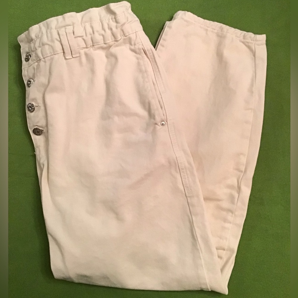 Like NEW Zara Baggy Fit Paper Bag Tapered Leg Rigid Cream Off White Pants Sz 14